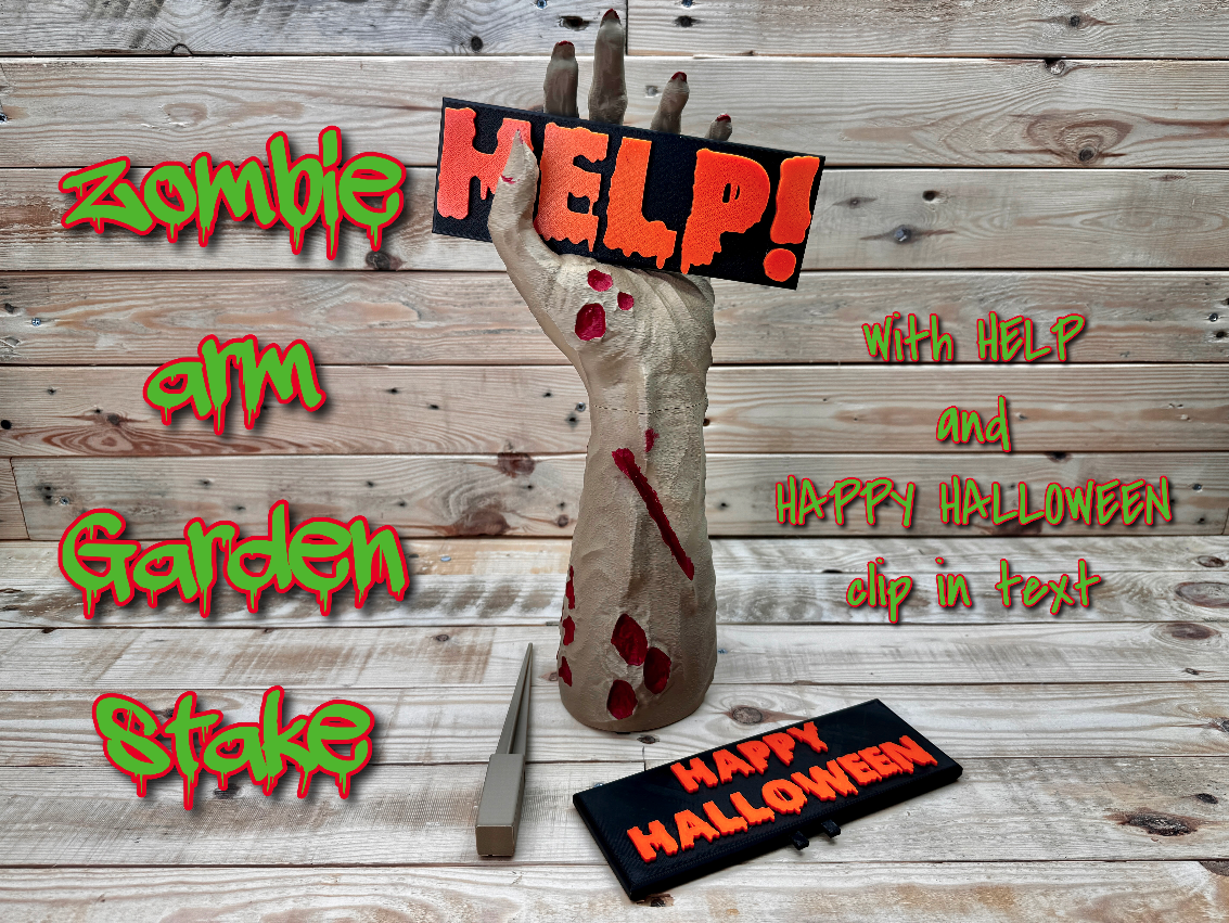 Zombie Arm (with garden stake) with halloween signs